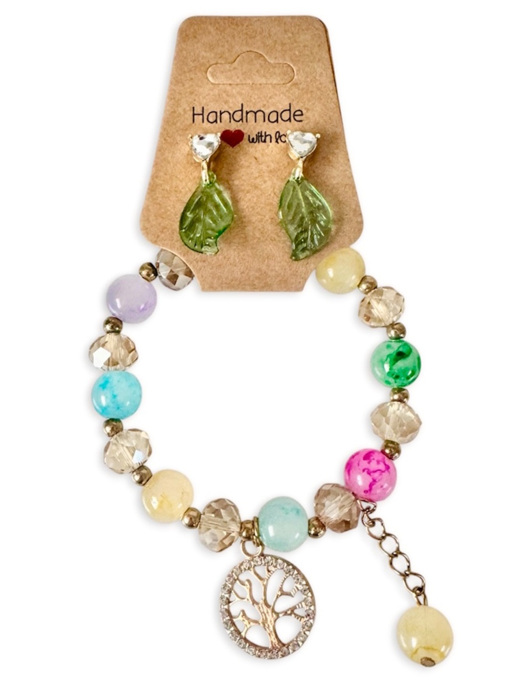 Fairycore Tree Of Life Bracelet & Heart Leaf Earrings Gold-Tone Jewelry Set NWT